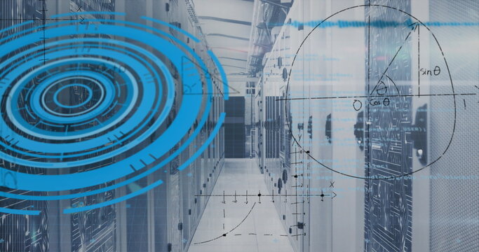 Image of scope scanning with data processing and mathematical equations over server room