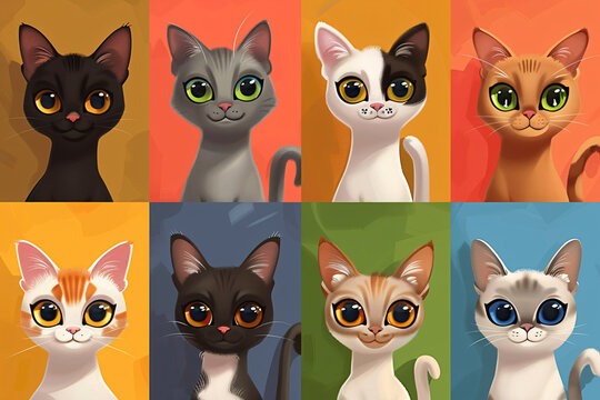 Collage of cartoon cats with vibrant backgrounds