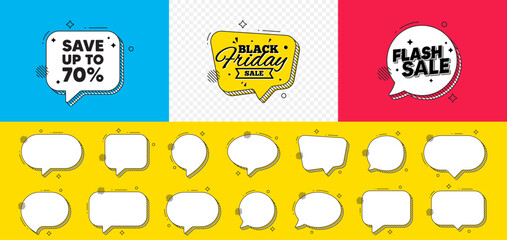 Flash sale chat speech bubble. Save up to 70 percent tag. Discount Sale offer price sign. Special offer symbol. Discount chat message. Black friday speech bubble banner. Offer text balloon. Vector - obrazy, fototapety, plakaty