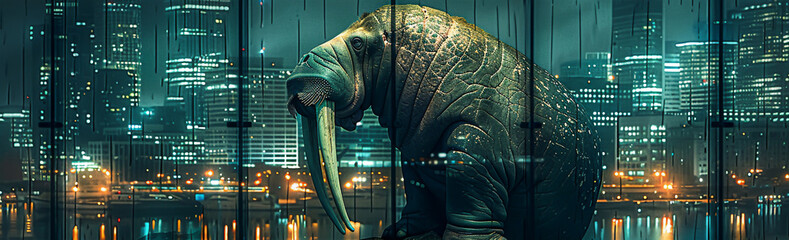 A majestic walrus with enormous tusks scaling a modern glass building, its reflection mingling with the urban lights at night - obrazy, fototapety, plakaty