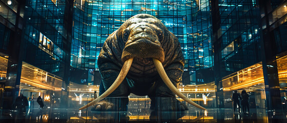 A majestic walrus with enormous tusks scaling a modern glass building, its reflection mingling with the urban lights at night