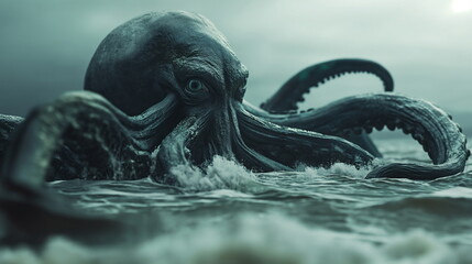 large Cthulhu octopus with massive tentacles surfaces in turbulent waters by a cliff on a cloudy day