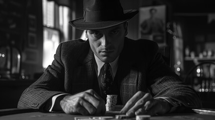 A monochrome portrait of a dealer, their expression one of cold indifference to the faded souls around the felt table