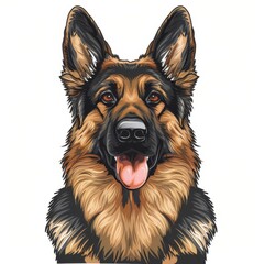 Happy german shepherd close up view portrait icon on a white background in cartoon sketch style