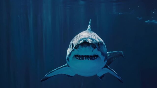 Close-up of great white shark swimming underwater. Wild scary predator in ocean. Grey Reef Shark in blue water. Dangerous marine animal with sharp teeth. Beautiful seascape.