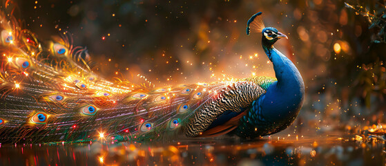 A peacock, its iridescent feathers disassembling into a shower of sparkling gems under the force of the wind - obrazy, fototapety, plakaty