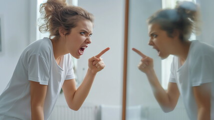 Person is caught in a moment of frustration, shouting and pointing angrily at their own reflection in a mirror
