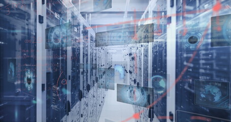 This image is an image of data processing and digital information flowing through a network of compu