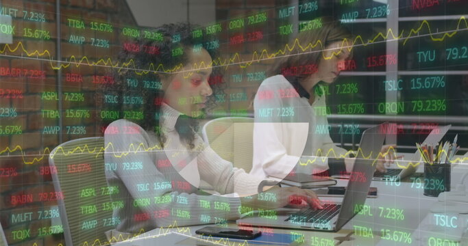Image of stock market data processing over diverse female colleagues using laptop at office