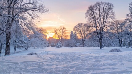 Snow-covered Central Park, New York, at daybreak