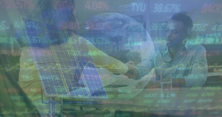 Image of financial data processing and globe over business people in office