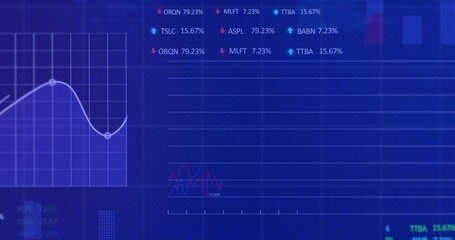 Image of data processing and shapes over blue background