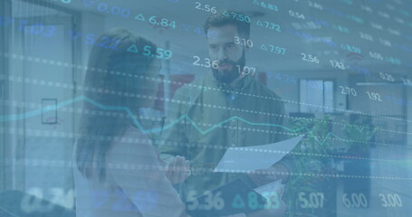 Image of financial data processing over business people in office