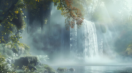 Misty morning shot of waterfall with fog in nature landscape