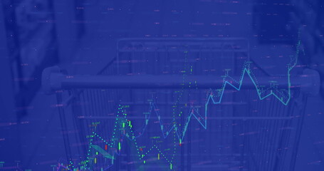 Image of data processing over shopping cart on blue background