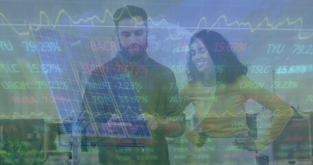 Image of financial data processing over business people working in airport