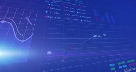 Image of data processing with stock market and light spots over blue background