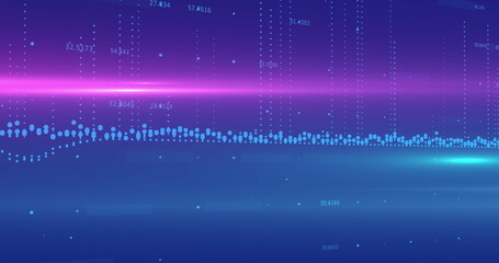 Image of data processing and light spots over blue background
