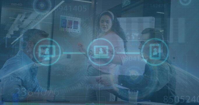 Image of financial data processing over business people in office