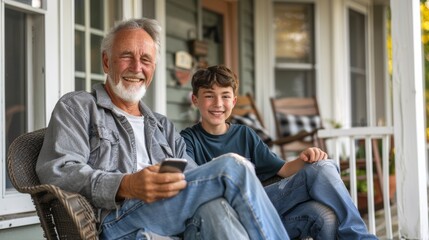 Fototapeta premium Grandfather and grandson are sitting in front of the house with laptops. Smile and spend time together