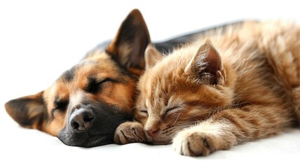 Dog and cat cuddling Cat and puppy slumber