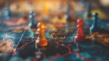 A board game with red, blue, and yellow pieces. - obrazy, fototapety, plakaty