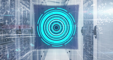 Image of scope scanning with data processing and mathematical equations over server room