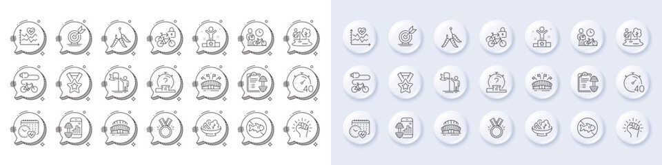 Empower, Timer and Leadership line icons. White pin 3d buttons, chat bubbles icons. Pack of Bike courier, Winner ribbon, Cardio calendar icon. Winner, Target goal, Quiz pictogram. Vector