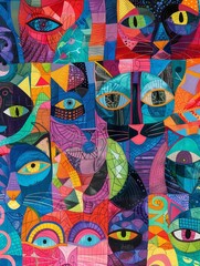Fototapeta na wymiar AI generated illustration of colorful vibrant psychodelic abstract cats