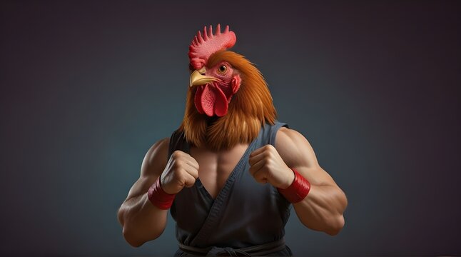 Muscle chicken gesture fist pump with copyspace, Rooster fighter showing fighting pose on bright color studio background.generative.ai 