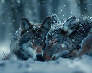 A wolf and a deer lying side by side in a snowy clearing, their breath visible in the cold air, symbolizing a truce - obrazy, fototapety, plakaty