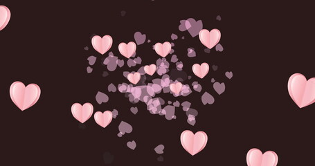 Image of multiple pink hearts on black background - obrazy, fototapety, plakaty