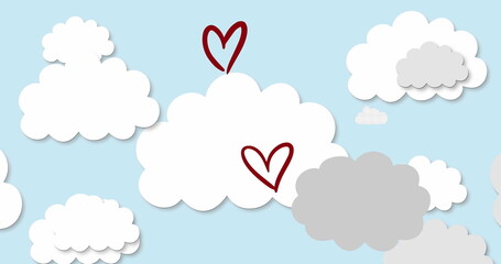 Image of red hearts and clouds on blue background - obrazy, fototapety, plakaty