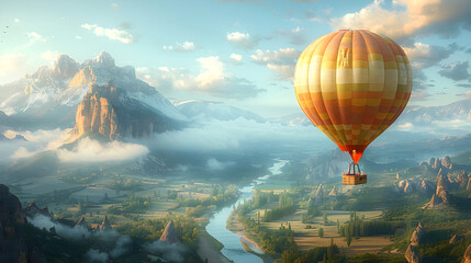Colorful hot air balloon hovering over a picturesque mountain valley. Beauty and grandeur of nature, as well as a sense of freedom and adventure.