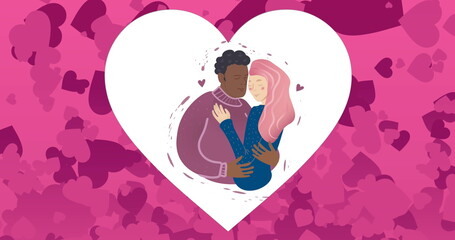Image of couple hugging icon and hearts on pink background