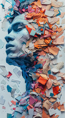 An abstract representation of an adult male, his profile emerging from a chaotic assembly of small, ripped pastel papers