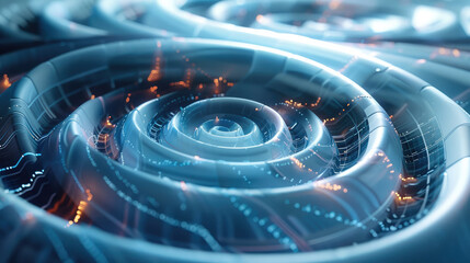 Holographic fibonacci spiral floating in a modern financial analysis lab dynamically representing market trends and fluctuations with its evolving patterns. Generative AI.