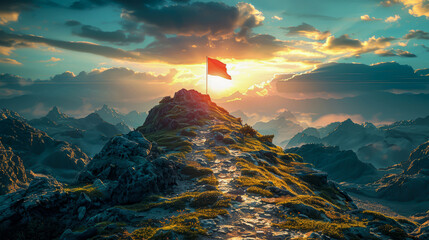 Top in the Clouds: Artistic depiction of climbing a mountain.  - obrazy, fototapety, plakaty