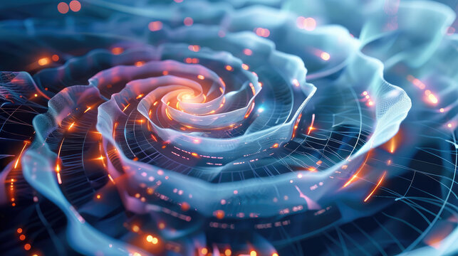 Holographic fibonacci spiral floating in a modern financial analysis lab dynamically representing market trends and fluctuations with its evolving patterns. Generative AI.