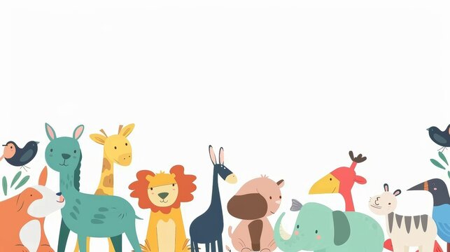 Forest Wildlife Collection: Cartoon animals like giraffes, dogs, elephants, and more, gathered in a playful illustration