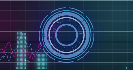 A stock market display with pink, blue, and green stock market tickers and graphs