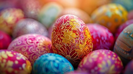 A beautiful pattern of colorful Easter eggs with intricate designs. - obrazy, fototapety, plakaty