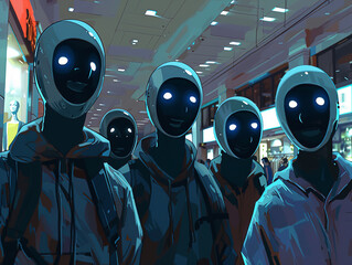 Animestyle drawing of a group of mannequins, each animated with lively eyes and dynamic poses, appearing to laugh together in a shopping mall setting - obrazy, fototapety, plakaty