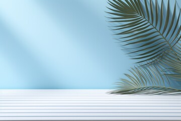 Fototapeta na wymiar Blue background with palm leaf shadow and white wooden table for product display, summer concept. Vector illustration
