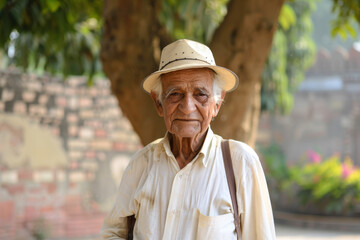 An elderly man in a white shirt and a hat with sunglasses.
 - obrazy, fototapety, plakaty