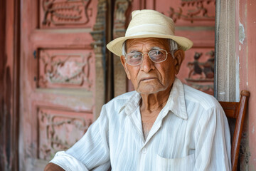 An elderly man in a white shirt and a hat with sunglasses.
