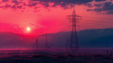 Lines of force: elevated towers with high voltage wires at sunset. 