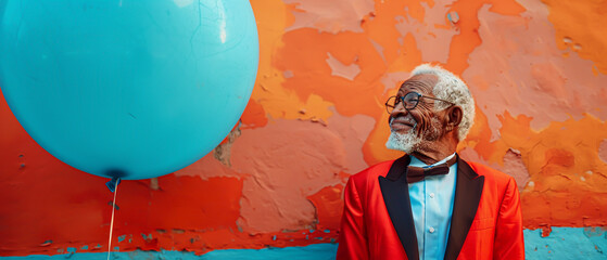 Elderly man in a vibrant tuxedo struck by a blue balloon, soft pastel background highlighting the splash of color