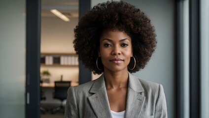 portrait of a black woman with an afro hairstyle standing by a window in an office	