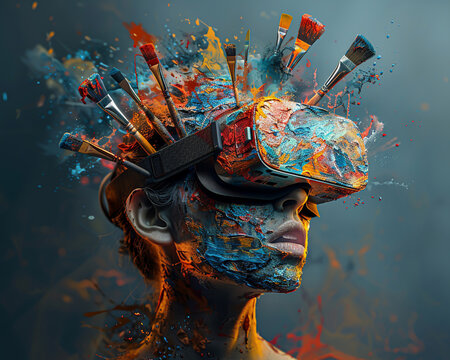 Creative mind at work, a head exploding with tools like paintbrushes and VR headsets, advertising the fusion of art and technology